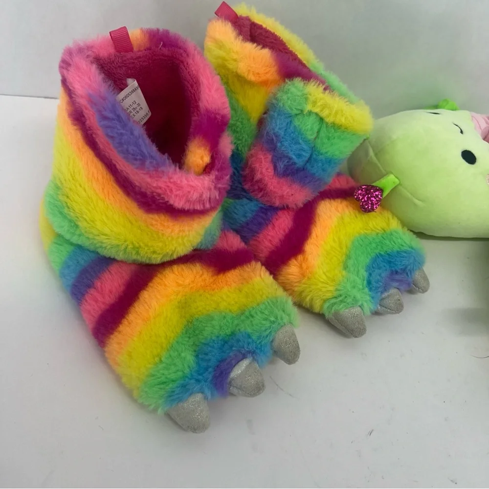 Lot of 2 slippers - rainbow claw and Squishmallows Pink and Green Plush Slippers